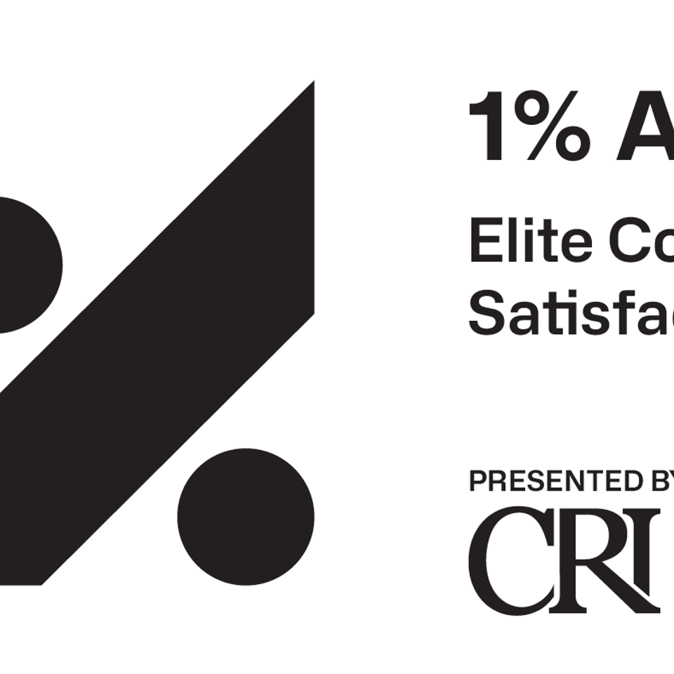 Graphic announcing a 1% Award for Elite Consumer Satisfaction in 2026, presented by the Consumer Ratings Institute.
