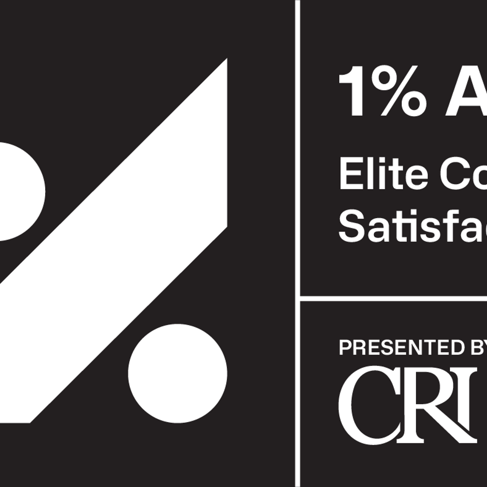 Black award graphic announcing 1% Elite Consumer Satisfaction for 2026, presented by Consumer Ratings Institute.